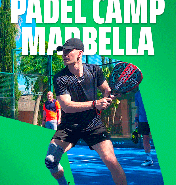 Joueur en action sur un court de padel bleu, bannière promotionnelle du Stage de Padel Marbella