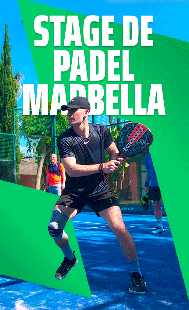 Joueur en action sur un court de padel bleu, bannière promotionnelle du Stage de Padel Marbella