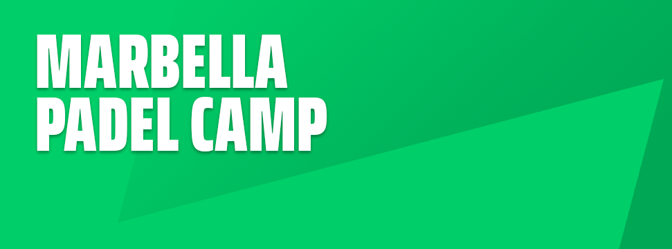 Grünes Grafikbanner mit großer Schrift: Marbella Padel Camp