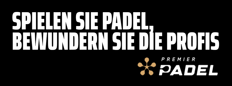 Slogan mit dem Design „Spielen Sie das Spiel, bewundern Sie die Profis“ in weißer Farbe und dem Logo von Premier Padel