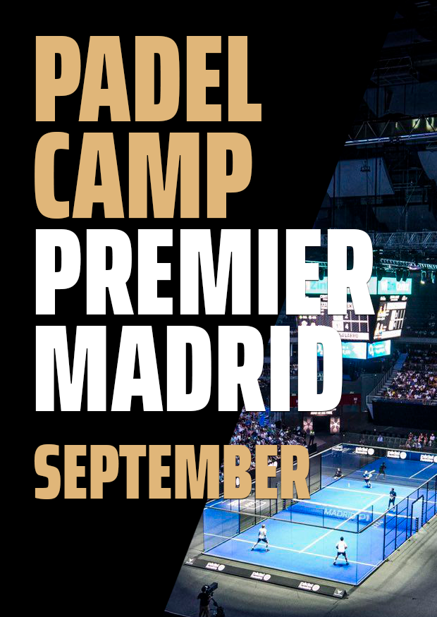 Werbedesign für das Premier Madrid Padel Camp zur Förderung des Padel Camps mit dem Stadion, in dem das Turnier stattfindet