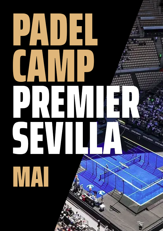 Werbedesign für das Premier Sevilla Padel Camp zur Förderung des Padel Camps mit dem Stadion, in dem das Turnier stattfindet