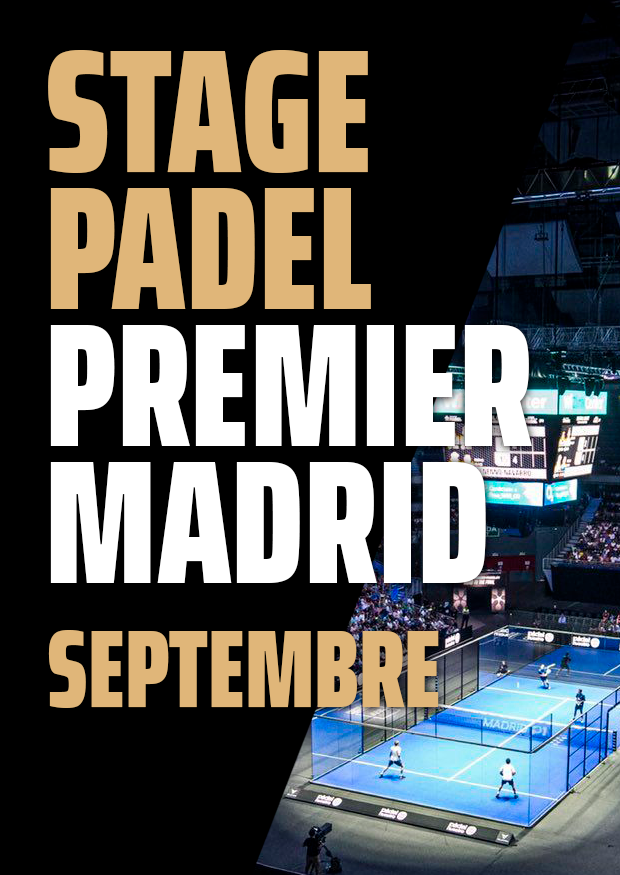 Conception commerciale du Premier Madrid Padel Camp pour la promotion du camp de padel avec le stade où se déroule le tournoi