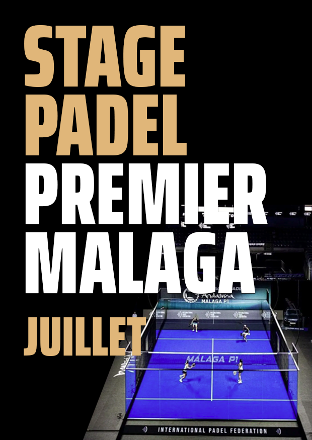 Premier design commercial du Malaga Padel Camp pour la promotion du camp de padel avec le stade où se déroule le tournoi