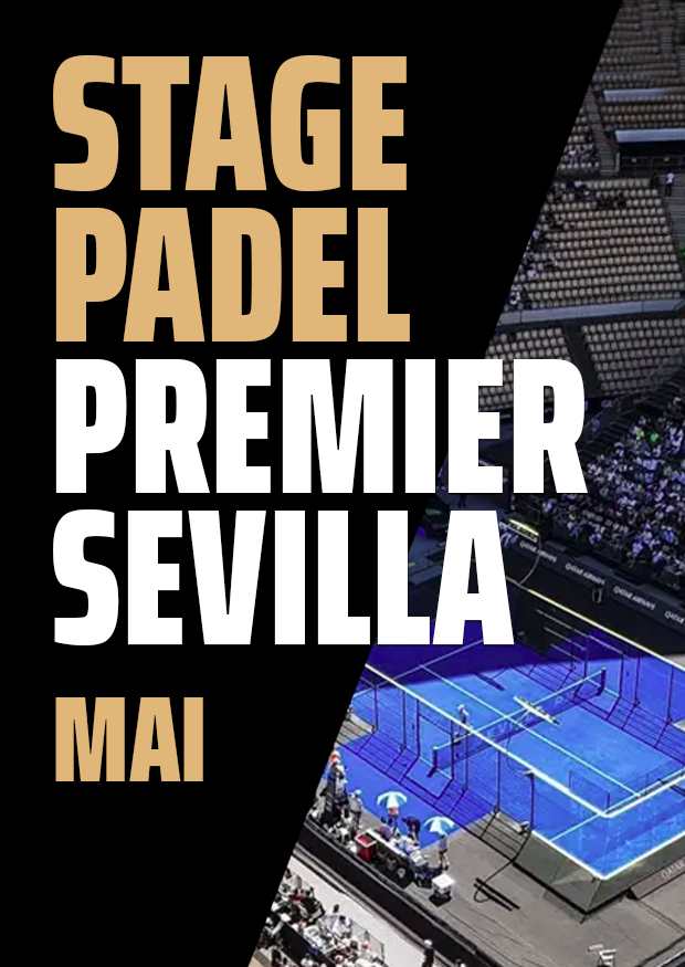 Sur la photo apparaît le nom promotionnel Premier Sevilla Padel Camp avec le stade en arrière-plan, camp de padel parfait pour jouer au padel et regarder les meilleurs joueurs du monde