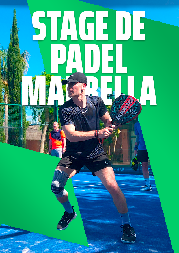 Affiche avec un joueur jouant au padel dans l'un des camps de padel du week-end à Marbella