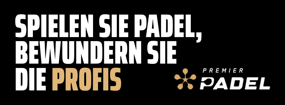 Premier Padel-Banner mit dem Slogan "Spiel das Spiel, bewundere die Profis" auf schwarzem Hintergrund