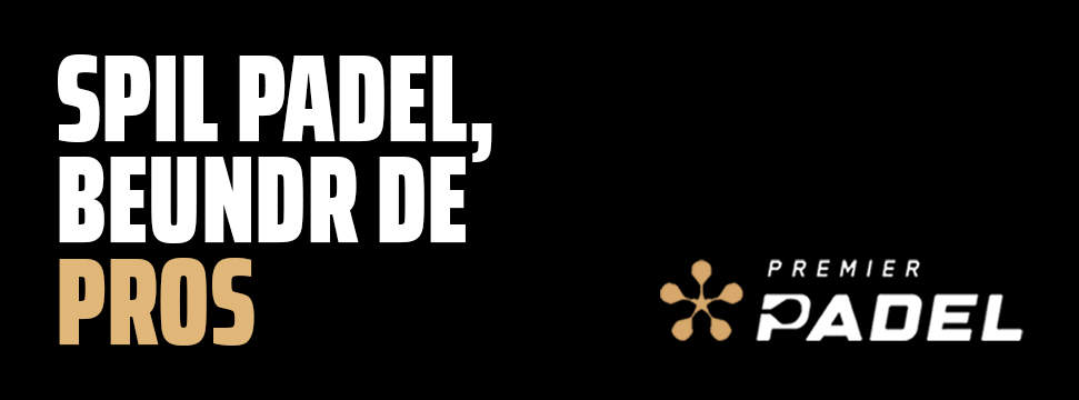 Premier Padel-banner med sloganet "Spil spillet, beundr de professionelle" på sort baggrund