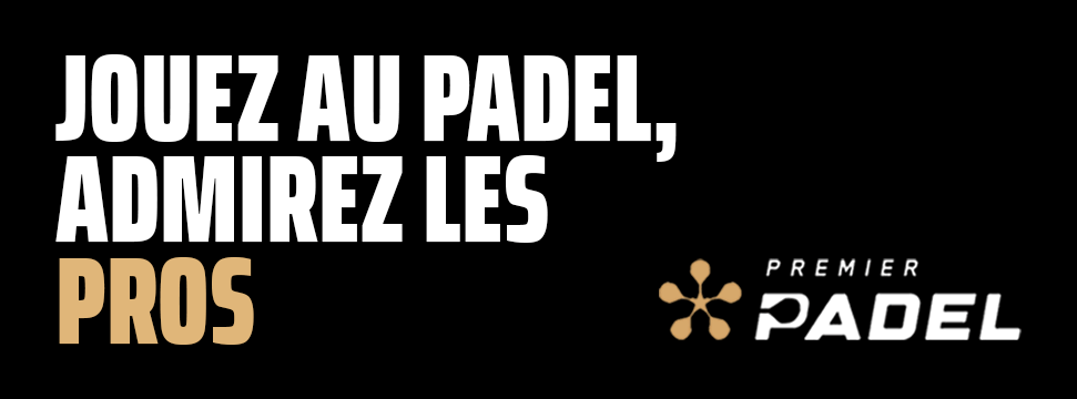 Bannière Premier Padel avec le slogan " Jouez, admirez les pros " sur fond noir