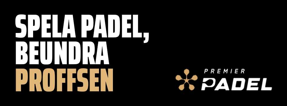 Premier Padel-banner med sloganen "Spela spelet, beundra proffsen" på svart bakgrund