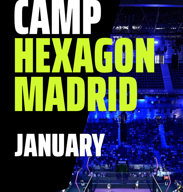 Affiche de l'événement Padel camp Hexagon Madrid avec les dates de janvier et le stade en arrière-plan.