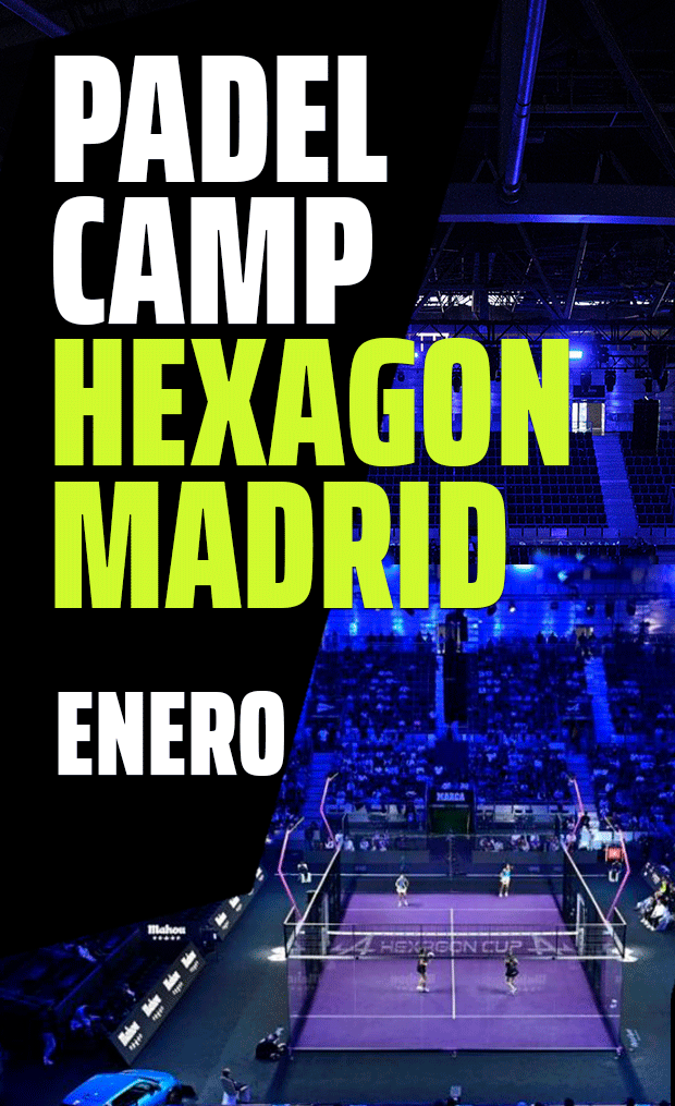 Póster del evento Padel Camp Hexagon Madrid con fechas de enero y fondo del estadio.