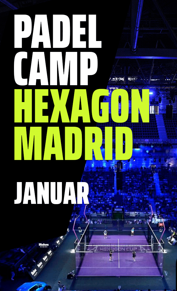 Padel camp Hexagon Madrid eventplakat med januardatoer og stadionbaggrund.