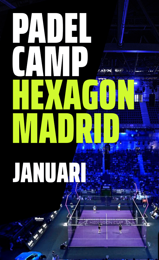 Padellägret Hexagon Madrids evenemangsaffisch med datum i januari och stadionbakgrund.