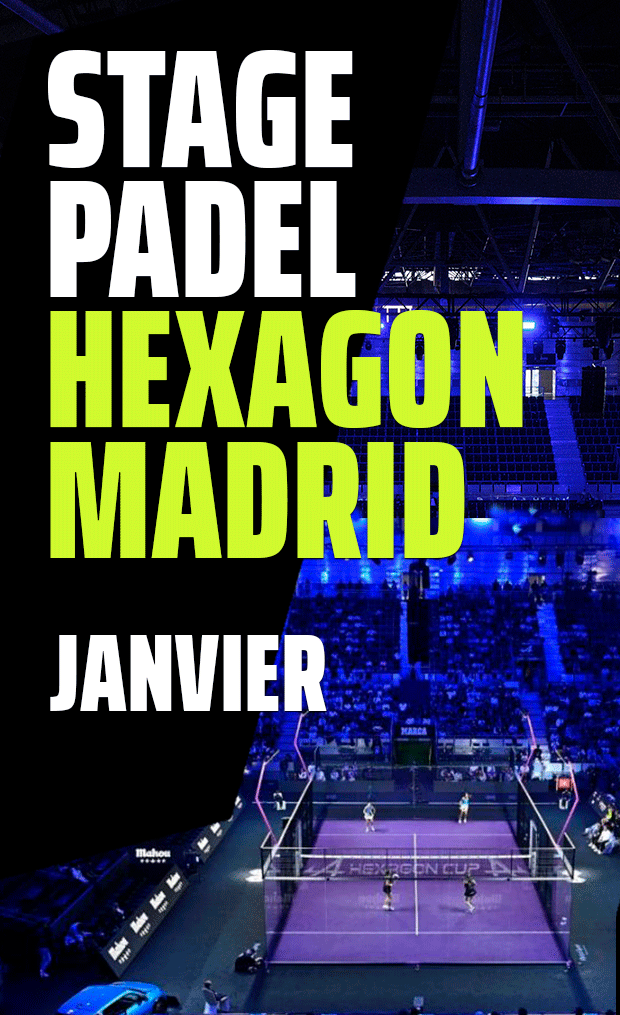 Affiche de l'événement Padel camp Hexagon Madrid avec les dates de janvier et le stade en arrière-plan.