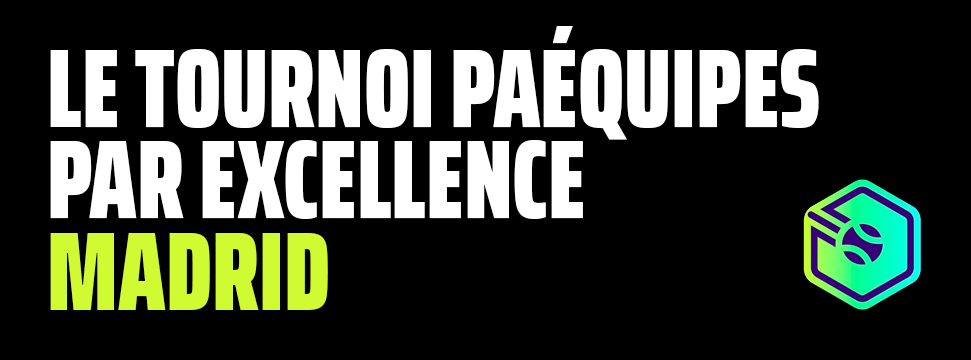 Logo et grand texte annonçant le tournoi ultime par équipes de Padel Camp Hexagon Cup Madrid sur fond noir.