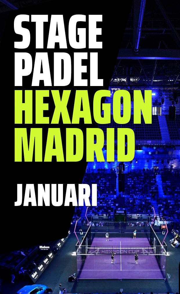 Evenementposter van Padelkamp Hexagon Madrid met data in januari en stadionachtergrond.