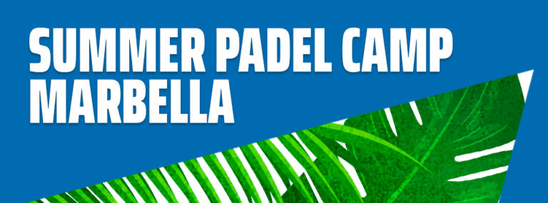 Summer Padel Camp Marbella promotional banner with tropical leaves on a bright blue background.