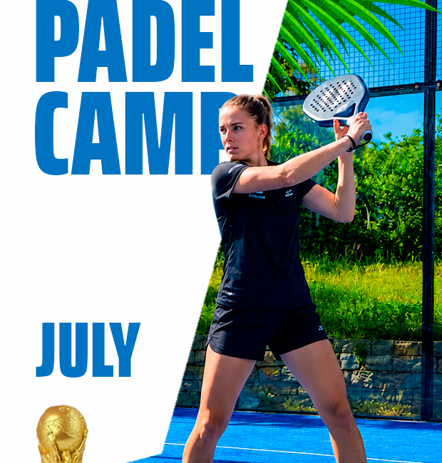 Professional padel player on court executing a shot during a training session at the Malaga Padel Camp.