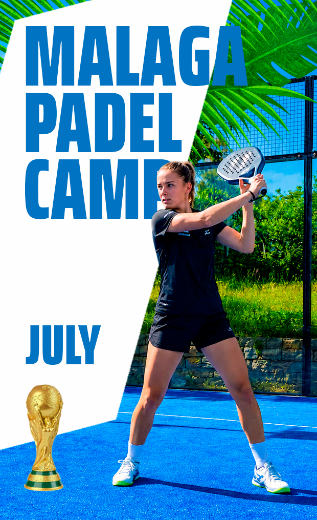 Professional padel player on court executing a shot during a training session at the Malaga Padel Camp.